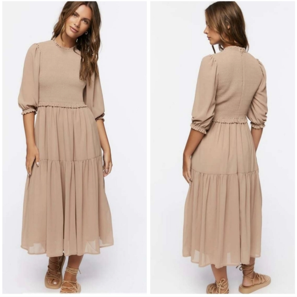 FOREVER 21 smocked chiffon tan midi dress NEW!
